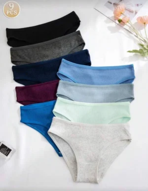 Women’s solid color panties set, 9 pieces, stylish and comfortable