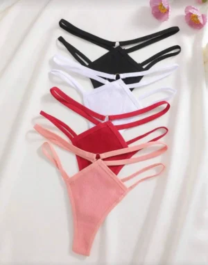 Women’s cotton ribbed hollow thong panties set, 4 pieces, stylish and comfortable