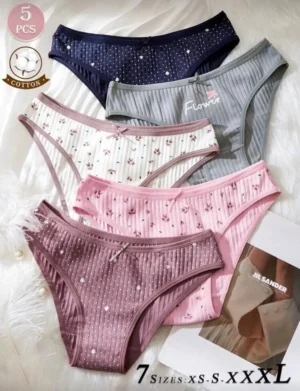 Women’s ribbed knit bow-tie panties set, 5 pieces, breathable and comfortable
