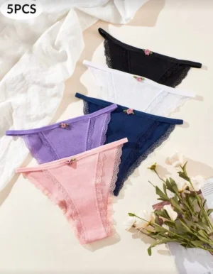 Women’s ribbed knit bow-tie panties set, 5 pieces, breathable and comfortable