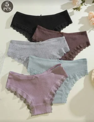 Women’s lace patchwork bow panties set, 5 pieces, breathable and comfortable