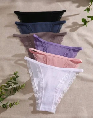 Women’s minimalist solid color lace trim bikini panties set, 6 pieces, stylish and comfortable