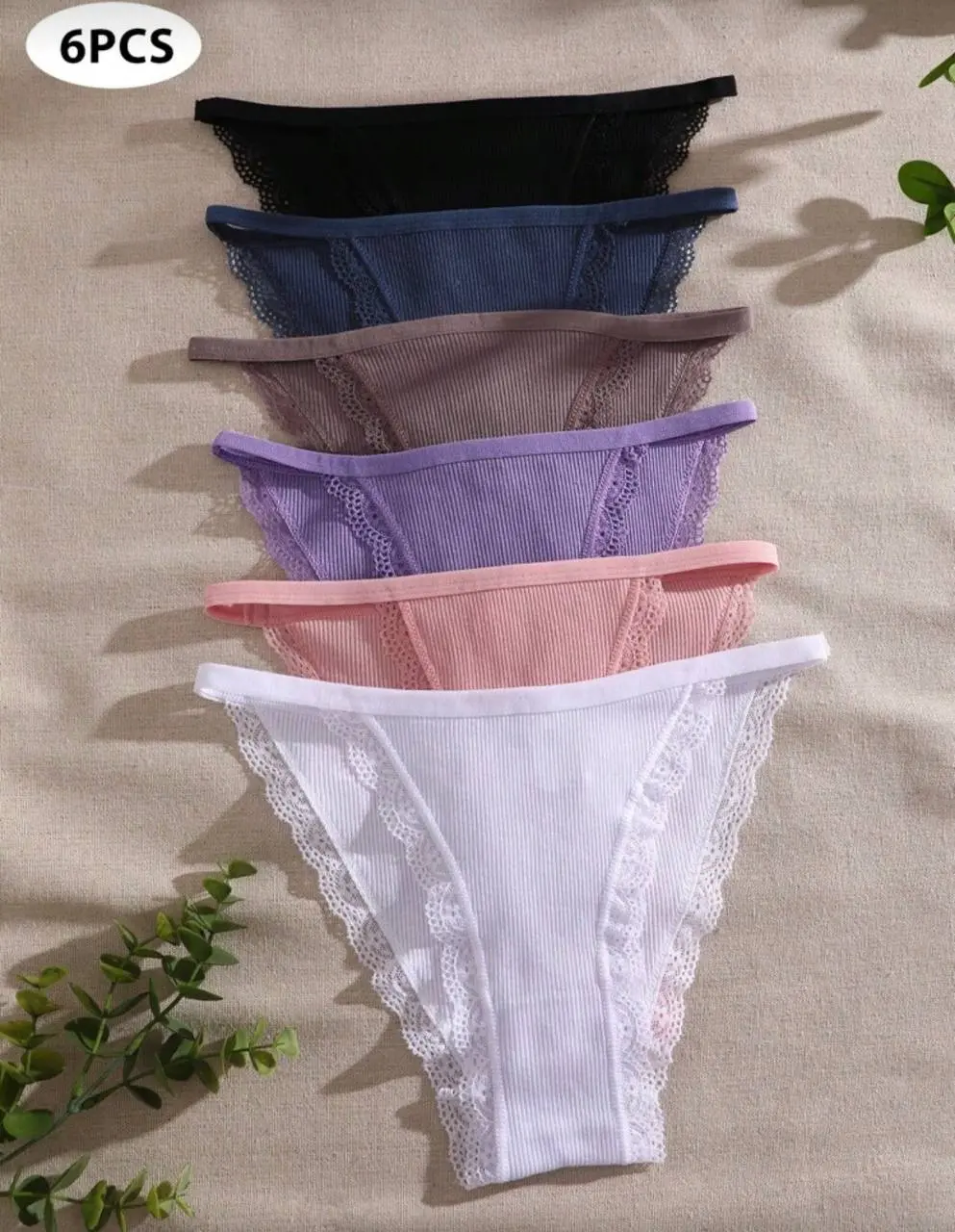 Shein 6pcs Minimalist Solid Color Lace Trim Bikini Panties Set - Image 2